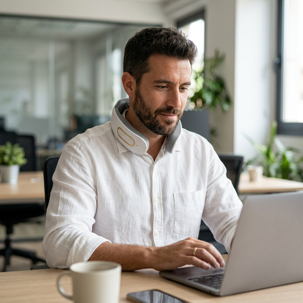 Hombre usando ALIVIRA mientras trabaja